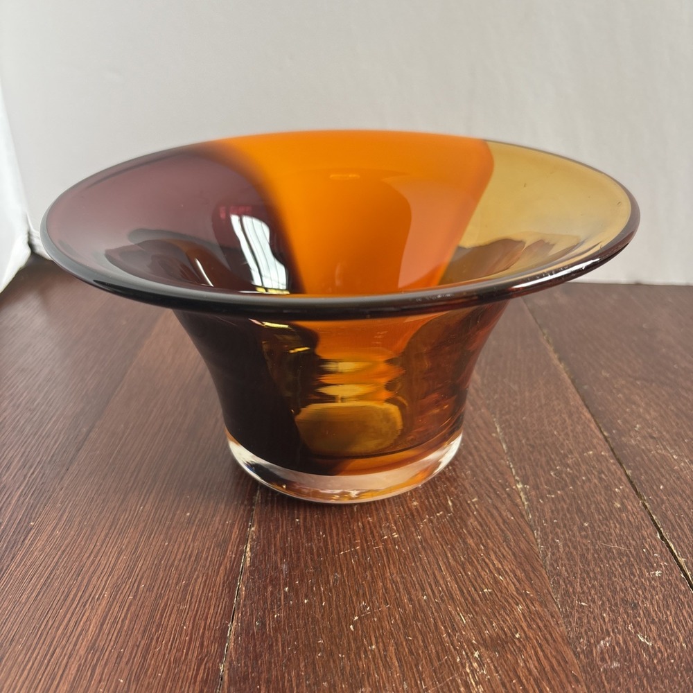 Vintage Teleflora Hand Blown Art Glass Orange Amber Bowl / Vase